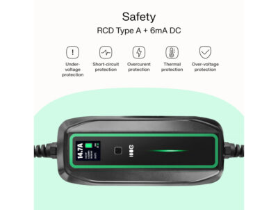 RCD Type A + 6mA DC safety device providing undervoltage, short‑circuit, overcurrent, thermal, and overvoltage protection.